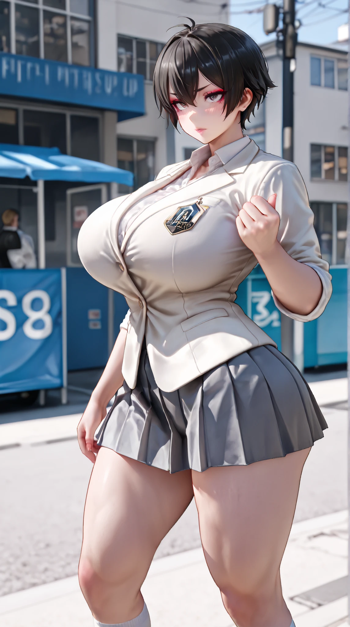 （masterpiece:1.2, highest quality), (highly detailed face, real image, delicate skin tone realistic skin, realistic body,woman１，Authentic nude white student shirt with intricate details、student flare skirt，futuristic school background，bright golden hair,messy hair,punk rock hair，boyish，full body shot，long eyelashes，expensive，huge cleavage，big bust，Sexual standing pose with oversized erect nipples，big hips, thick chest plate, beautiful feet, and a thin waist，pussy，clearware，whiten skin，student boots