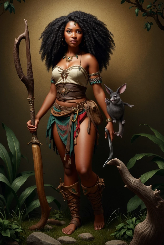 Style: "Prehistoric fantasy setting with a focus on authentic primitive clothing and accessories, reflecting the materials and craftsmanship of early human cultures." Solo woman portrait.
(Savannah Warrior Isanna is a beautiful prehistoric woman of the Negroid race.)
Face: Oval face with high cheekbones. The eyes are large, dark brown with a slight golden tint, the nose is wide with a soft tip, full lips are dark burgundy. The hair is very curly, black, long, braided in numerous thin pigtails. The skin is dark brown, with a copper tint.
Body: High, with expressive rounded forms. Well-developed muscles, especially in the legs and arms. Large breasts, flat stomach, wide hips. The legs are long and strong.
Tattoo: Primitive design in the form of zigzag lines, covering the left arm from the shoulder to the wrist. A small sun on the forehead above the eyebrows.
Clothing:
Material: Leaves and animal skin, dark green and brown, roughly processed.
Skirt: Short, made of leaves and leather, reaching mid-thigh, decorated with shells and animal teeth.
The chest is open, on the neck is a necklace of teeth and shells.
Sandals: Light, made of vines that wrap around the legs up to the knees.