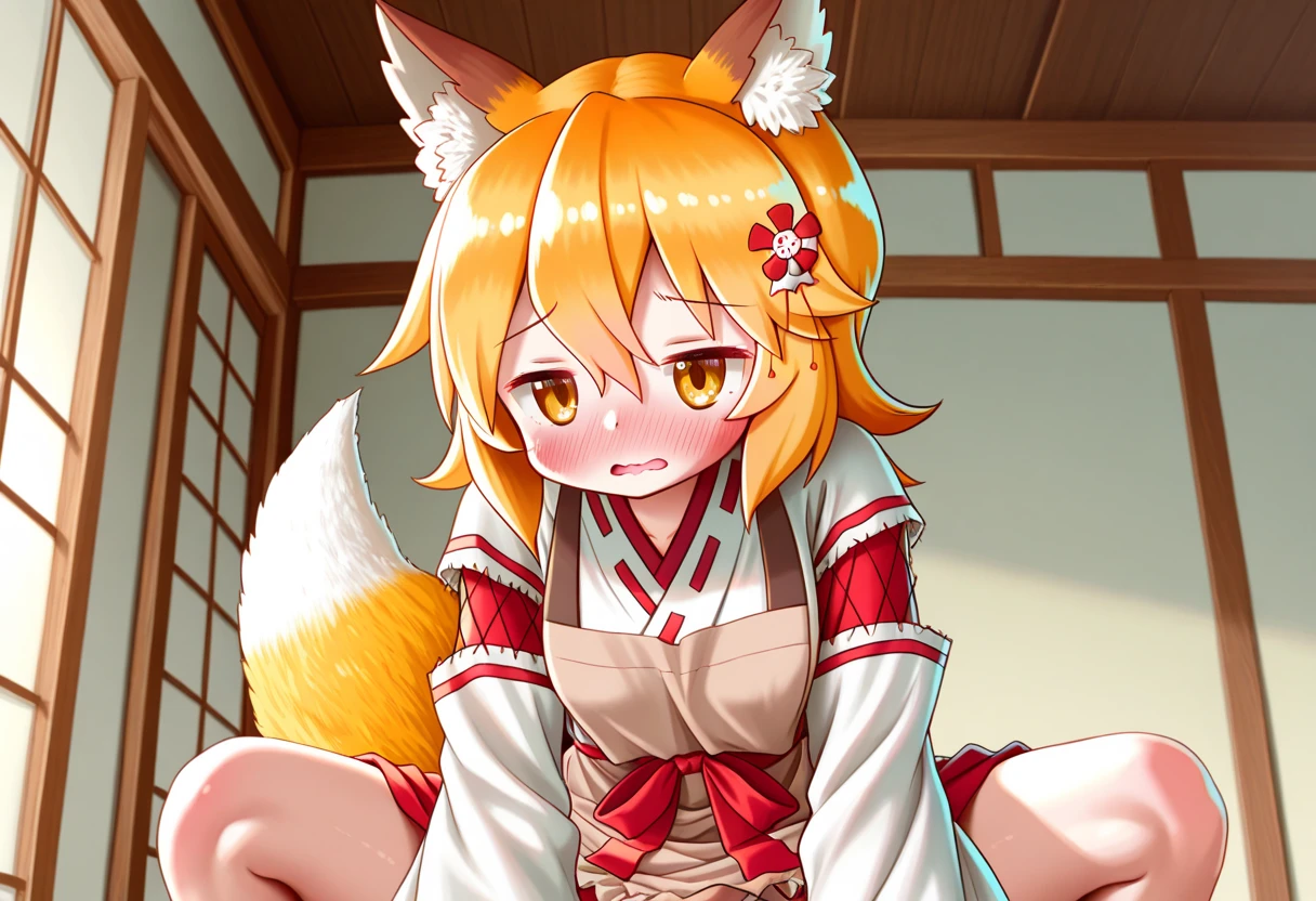 Highest quality、Fox ears、Small breasts、Nipples、Long blonde、Red Eye、kimono、Clothes falling apart、Japanese-style room、Grinning