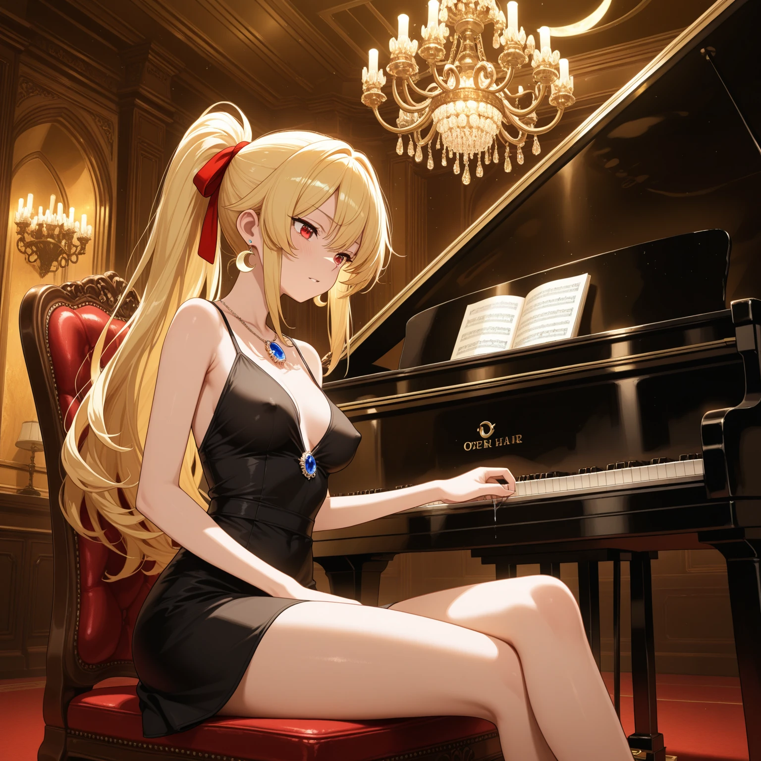 groza relaxing on a chaise lounge chair in an ornate high class hotel lobby, 1girl, solo, redgown, wrinkled fabric, red dress, cleavage cutout, evening gown, smug, light smile, confident, blonde, realistic, masterpiece, best quality, detailed, intricate, yellow eyes, mid shot, full body, chaise, lounge chair, <lora:girlsFrontlineOts14_v30:1.0>