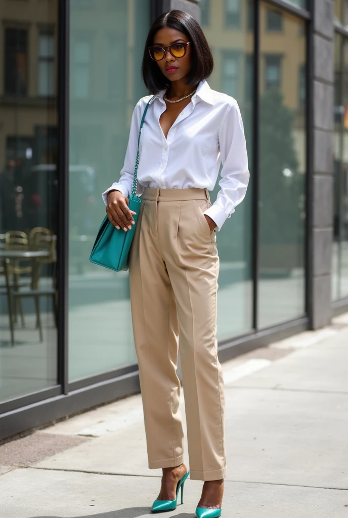 a portrait of beautiful Wide-leg pants, tank top, platform sandals, shoulder bag, statement cuff