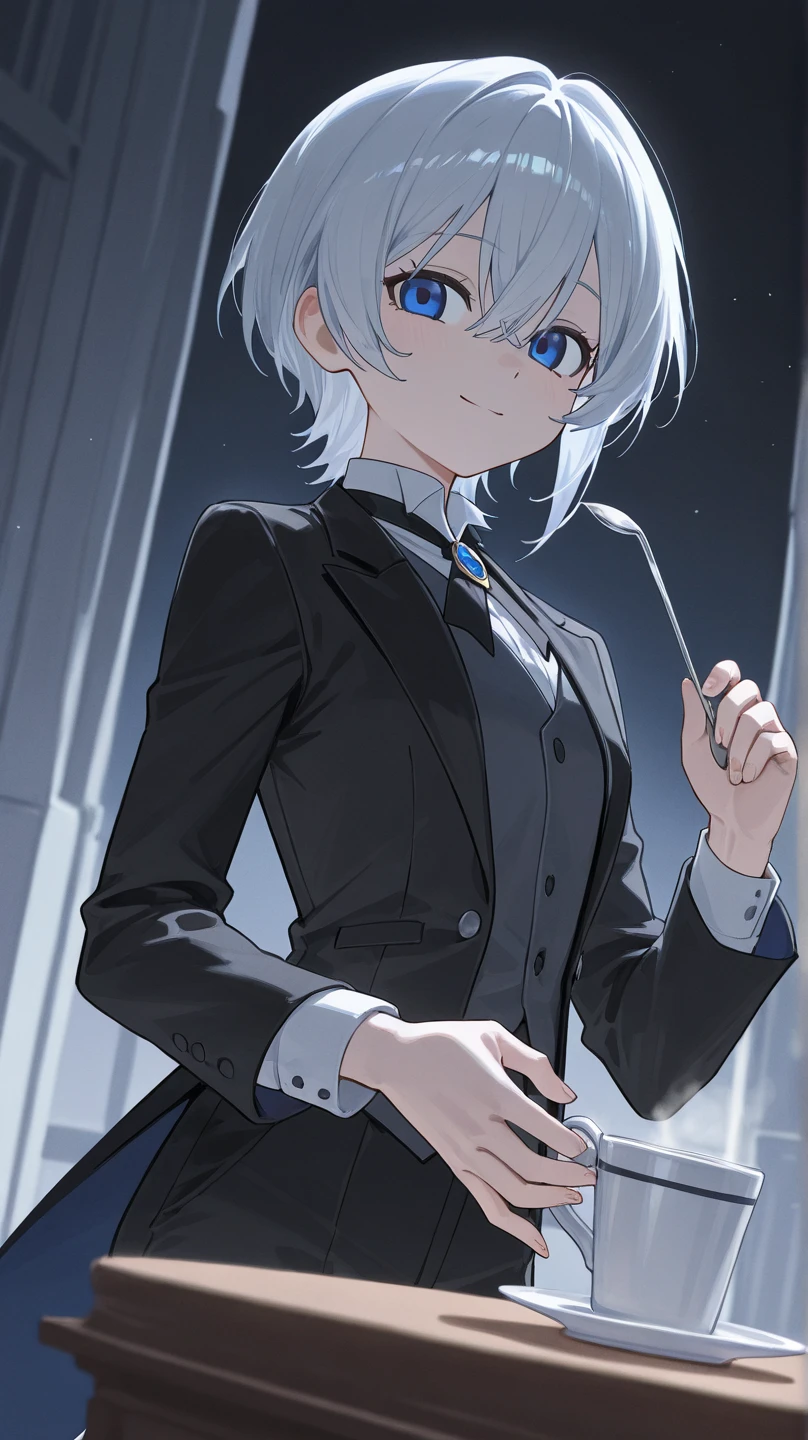 masterpiece, 8k uhd, absurdres, gorgeous girl, skinny, flat chest, very short grey hair, glare, (sparkling hair,:1.1) short black gloves, white suit, black tie, sunny day, winter <lora:Antarcticite_V3:0.8>