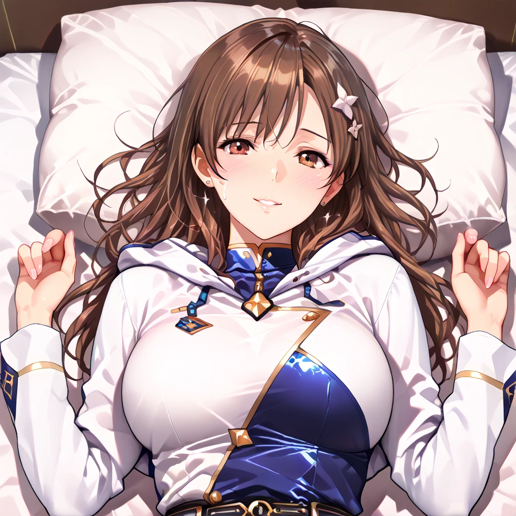 SoraBase, long hair, star hair ornament, hair ribbon, blue eyes, blue vest, sleeveless shirt, red ribbon, ,(masterpiece),(best quality),(ultra-detailed),(best illustration),(best shadow),(absurdres),(detailed background),(very aesthetic),1girl,dim lightning,in bedroom,orgasm,horny,looking at viewer,in heat,,heavy breath,shiny skin,sweat,,,aged up,ohogao, teary-eyed, drool, half-closed eyes, , ,drooling,portrait,face focus,close up face,saliva trail,front view,looking at viewer,(after kiss),from above,chin grab,pov,holding chin,1boy,wide hip,look up,happy,all fours,,full_body,legs,hip,back,spines,hip,1boy,boys arm,boys hand,happy,satisfied face,holding chin,open vest,open shirt,black lace bra,tongue out,