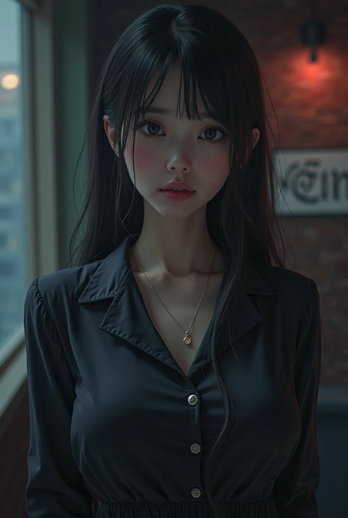 ((Woman in sexy black underwear in a cluttered barn)), ((Detailed and realistic face and eyes)), Cinematic lighting, 8K resolution, (Model shooting style), Sunset, (from_below:1.4), Soft small cover Natural breasts