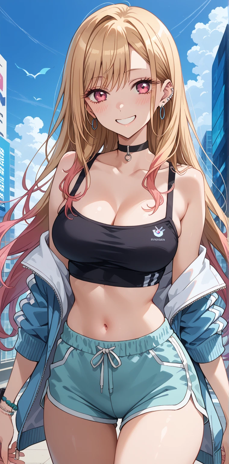 (Adult women:1.5)、Very detailed、highest quality、Best image quality、masterpiece、8k、Anime Face、A kind smile、Open your mouth、Sparkling blue eyes、(Blonde Wavy Hair:1.5)、Muscles of the whole body、T-back thong、Thigh belt、(Wearing a white bikini:1.5)、(Cowboy Shot:1.5)