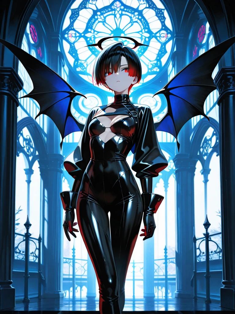 A sucubus of (short black hair: 1.9), blue eyes, dressed in a very large dark orange jacket (big clothes: 1.7), floating in the air, (bat wings: 1.8) wings open, hands raised in the air, black gloves, gold rings and earrings, light effects, circular colored effects, happy smile, tranquil look, big pink eyes, cute, no malice, medium breasts