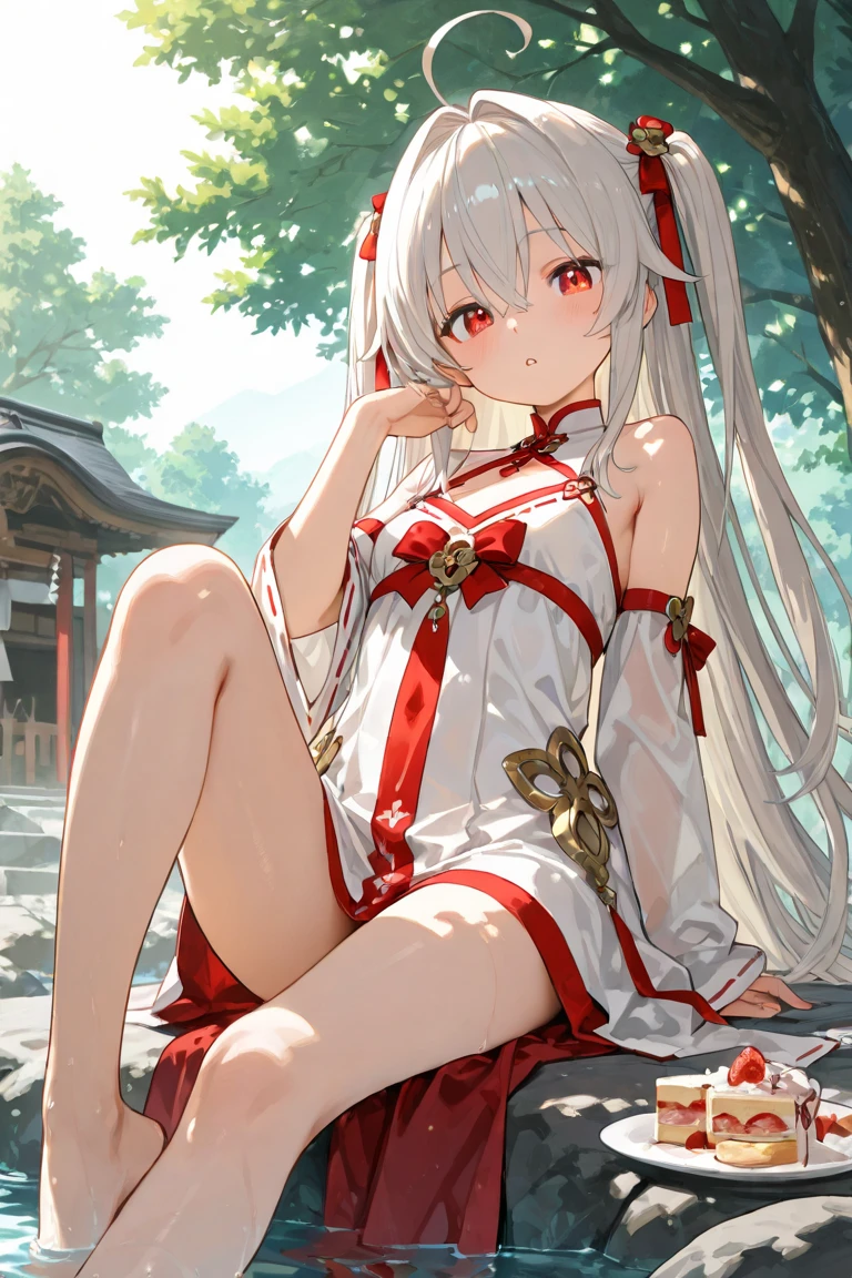 shrine maiden,Superskirt,White knee-length socks,side tie up,cleavage,Bare shoulders,Long loose hair,