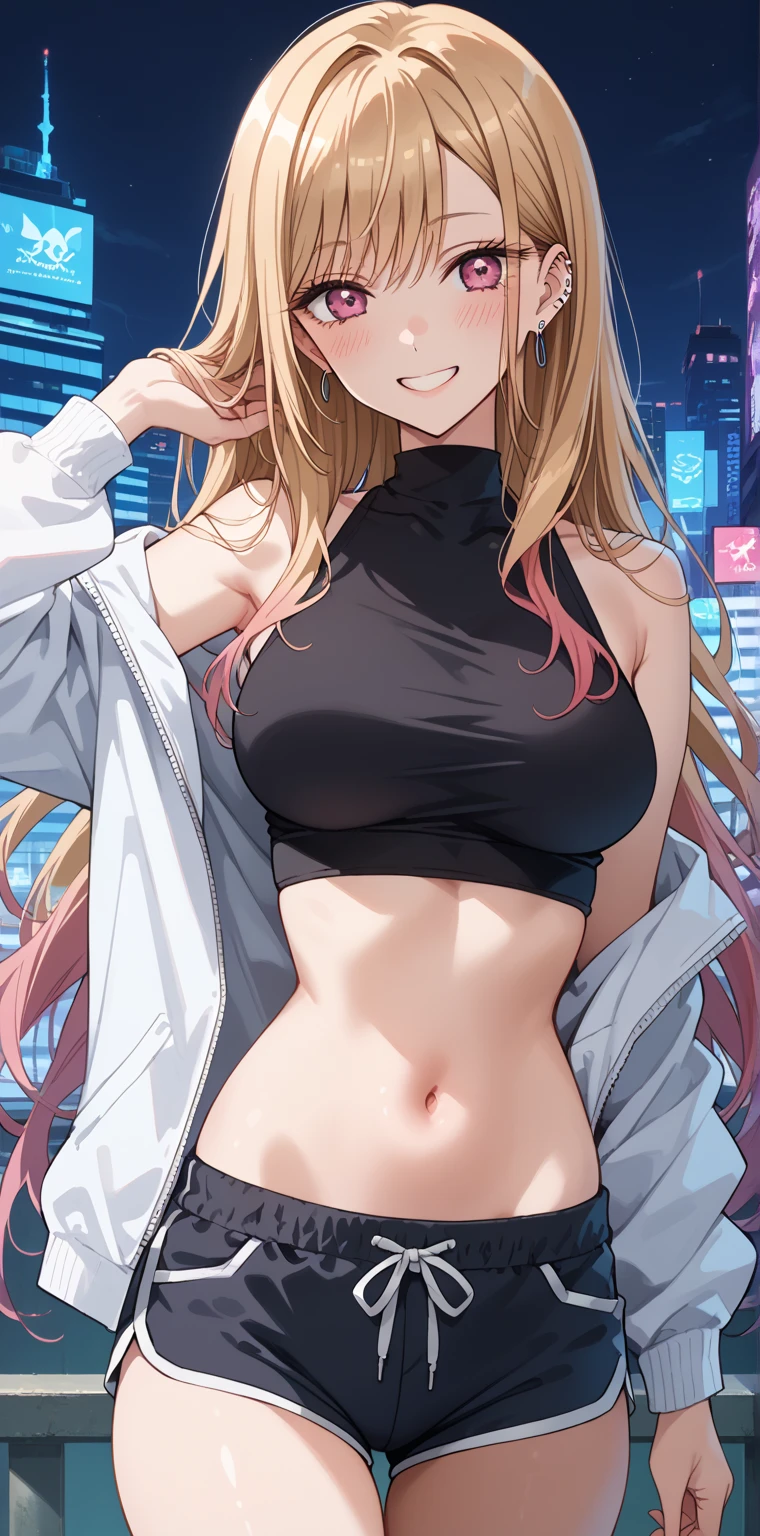 Mahiru shiina, , blonde, (Yellow Eyes:1.3)、Braided long hair,,blush,smile,night、Beautiful views, Attractive thighs、Beautiful bare legs, Naked with a sexy hoodie、Seduce by showing off your breasts、The chest is open、Full chest、I can see your chest、Her zipper is down and open, exposing her breasts、I can see your Pantastar piece.:1.2), highest quality, High resolution, unity 8k wallpaper, (shape:0.8), (Beautiful and beautiful eyes:1.6), Highly detailed face, Perfect lighting, Highly detailed CG, (Perfect hands, Perfect Anatomy),
