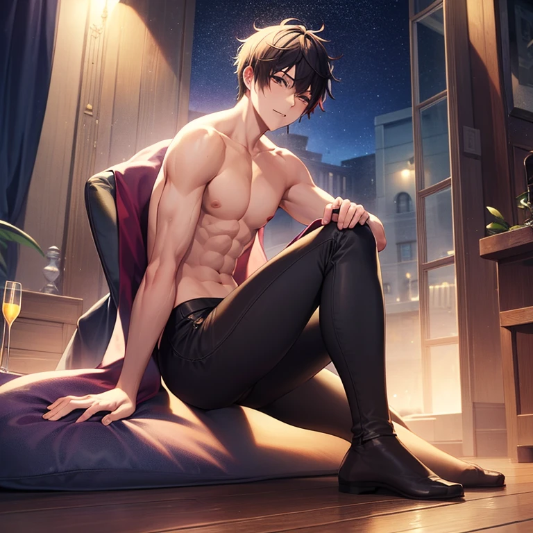 There was a man sitting on the couch,Wearing blue underwear, Handsome anime pose, handsome guy in demon killer art, Anime handsome man, male anime character, Smooth anime CG art, Range Murata and Artgerm, kentaro miura art, Extremely detailed Artgerm, young anime man, Tall anime guy with blue eyes, highly detailed exquisite fanart