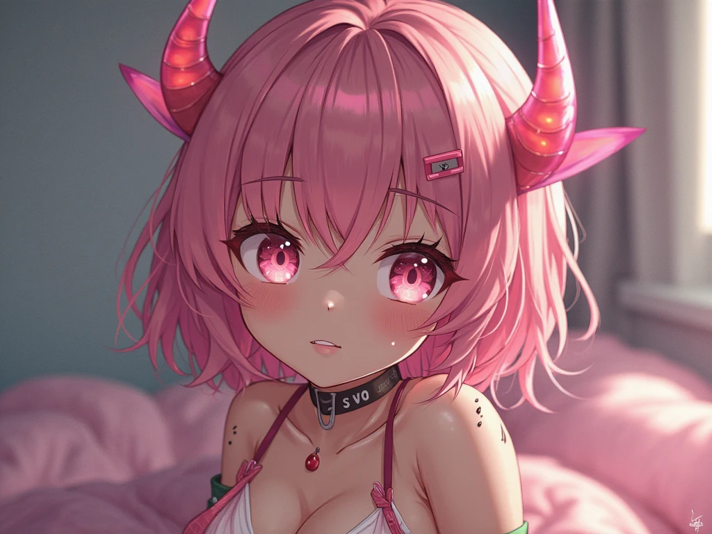 Masculine anime girl, short pink hair, hair flower, hair buns, at feet, horns, dom, mommy, underwear only, bra, panties, full body, very sexy, lean over to camera, red cheeks, shy, lazy eyes, facing away from camera, detailed face, detailed hands, detailed legs, detailed fingers, detailed hair, detailed eyes, detailed skin, dynamic lighting,