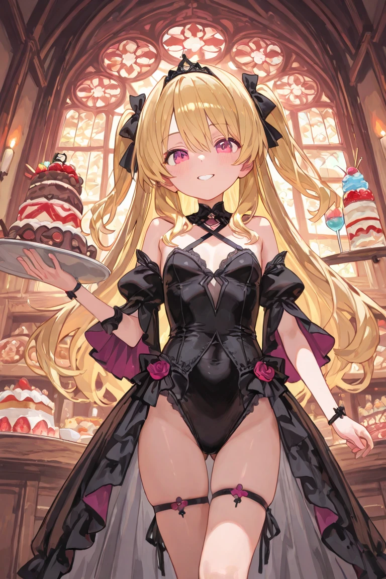 (small breasts:1.2), (perky chest:1.2), (pointed chest:1.2), (Pudding cake magazine cover:1.3),(from below:1.0),(shoot from the side:1.1),masterpiece, 1girl, Amazing Cleavage:1.1, thin waist, optimum,tmasterpiece,hight resolution,best qualtiy,hyper HD,super detailing,awardwinning,a 18yo cute girl,(The upper part of the body),anatomy correct,Beautiful Black miniskirt,garters,Gaze,Small face,bangss,holster,Beautuful Women,hands up,leg holster,Gaze,black boots,Cowboy Shot,cute face,a blond,Longhaire,Twin-tailed,Braids, Hairline,(scarlet eyes),long eyelasher,Hanging eye corners,White skin of the, ((see through camisole:1.1)), ((Sheer nipples:1.0)),Rocket Tits,(Slim body),smile,seductive weak smiling,(with sparkling eyes and a contagious smile),little open mouth, Looking at Viewer,