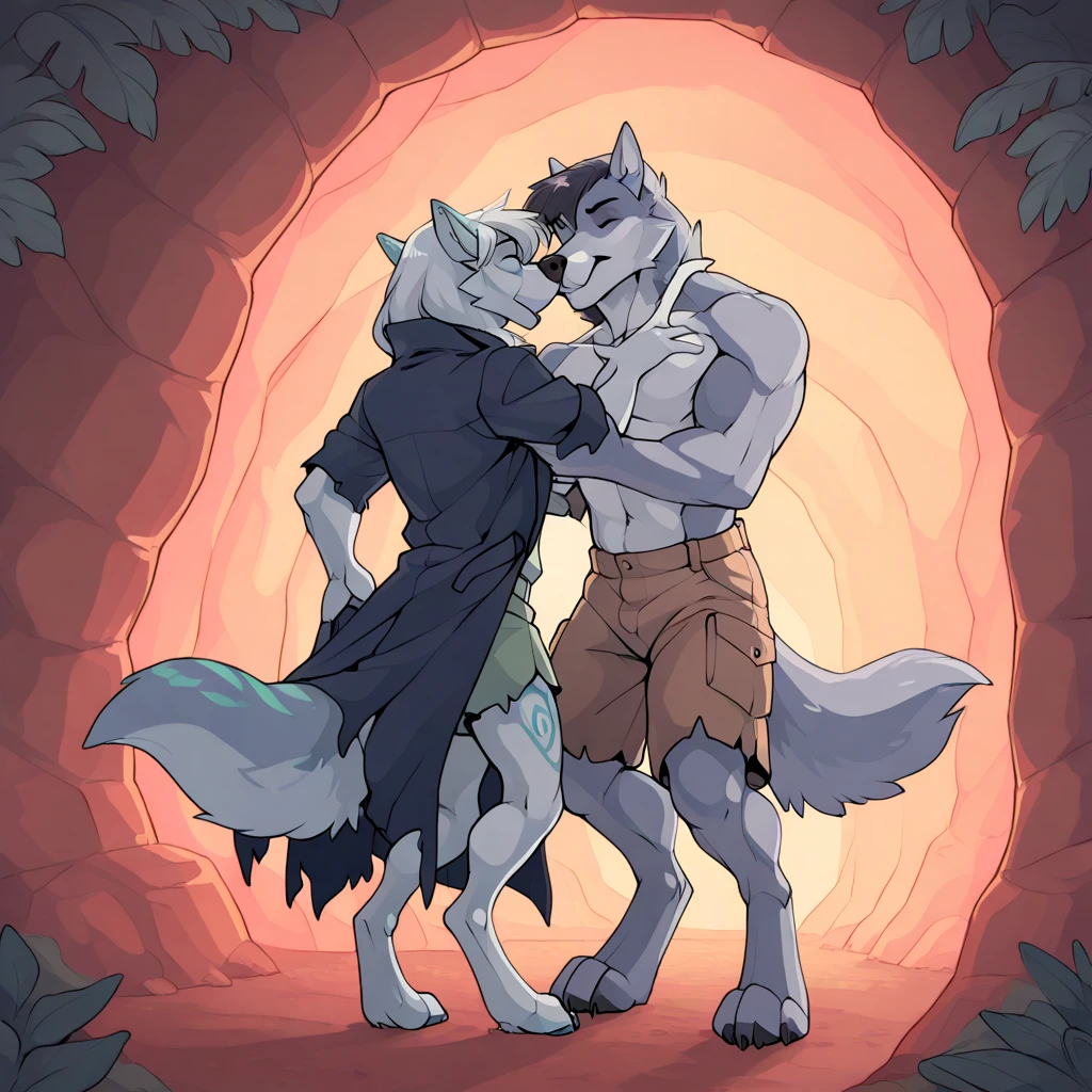 (Meisterwerk: 1,3), (2D: 1,0), (Anime: 1,0), (Illustration: 1,0). close up of a 10 year old male shota wolf boy bent over against at a wall by another 10 year old male shota wolf boy, bent over, bending over, hands on wall, hands on waist, embrace, humping butt, penetrating butt, making love, penetration, standing, standing behind, behind, one behind the other, from behind, uploaded to e621, erect, erection, long and thick genitalia, 10 years old, small, red eyes, (masterpiece:1.2),(anatomically correct:1.1), high quality:1.3, 2 arms, 2 legs, 1 tail, open mouth, closed eyes, looking up, blushing, cum, cum out, erotic, butt, plump butt, night, wooden hut, stars, falling leaves, trees, wind, bushes, river, low saturation, simple color palette