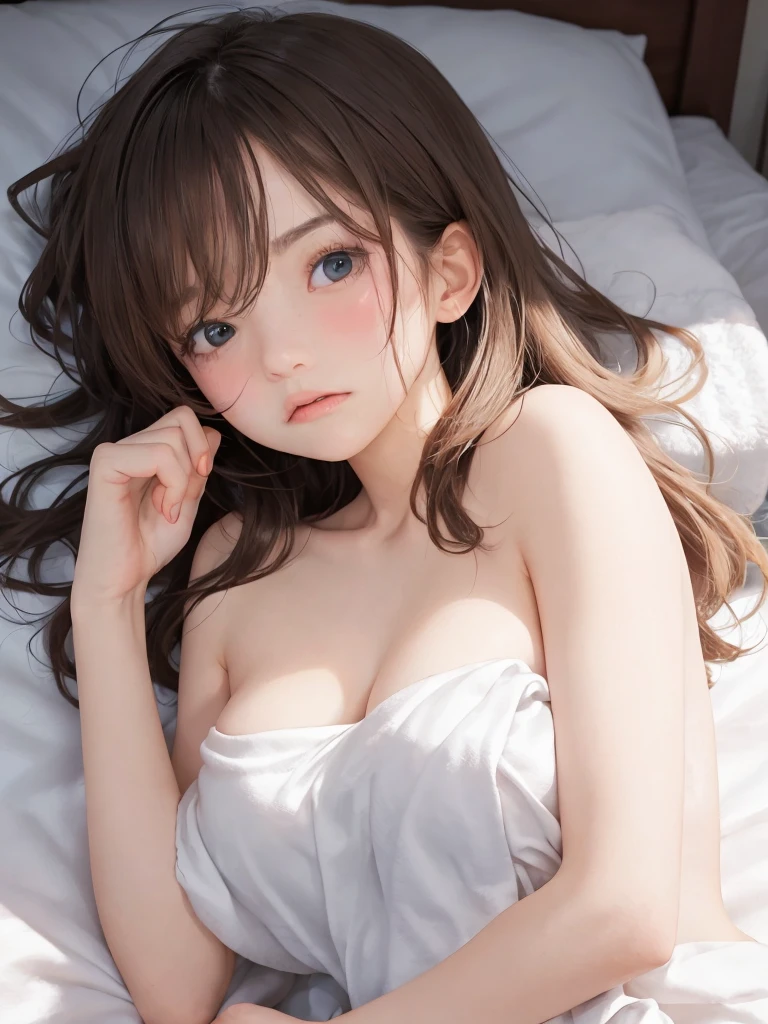 beautiful droopy eyes、droopy eyes、((full ))、long hair、blunt bangs、straight hair、white skin、Fair skin、pink nippling eyes、stick out tongue、(big breasts behind head、Bright lighting all over、sleep on your back in bed、open the thighs、Penis inserted by a ma