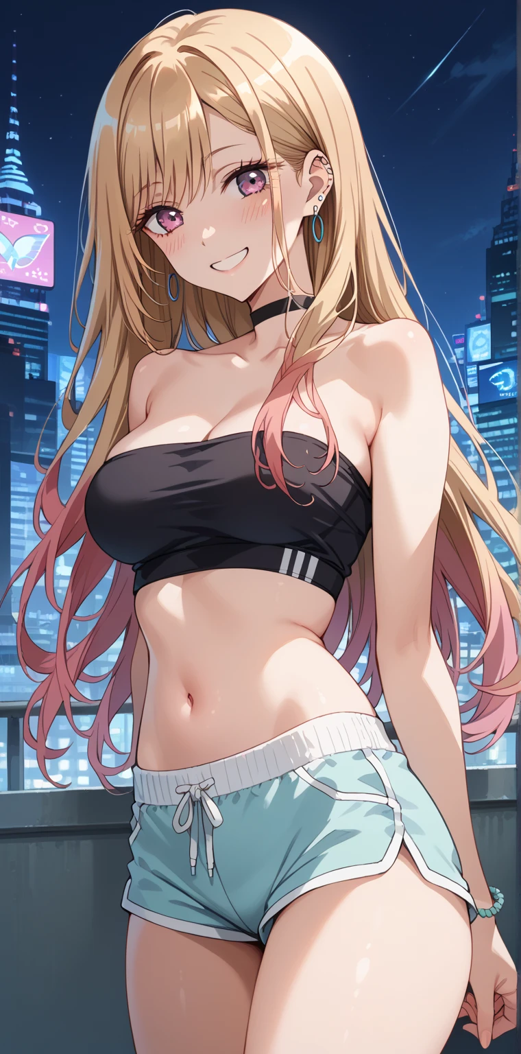 (highres, high quality, hyper detailed:1.2), shiny skin, inukami inoji, 1girl, solo,cowboy shot, standing, indoors, nightclub, complex background, blonde hair, wavy hair, long hair, green eyes, smile, (perfect face, detailed face:1.1), black tank top, midriff, navel, (jeans:1.3), medium breasts, toned, athletic, muscular female, <lora:inukami inoji-04:0.8>