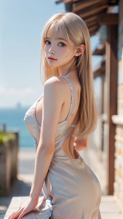 full hd 8k, Girl standing in front of a dark night scene, full moonlight reflecting on her beautiful face. Her long, silky hair was gently blown by the night wind, creating a gentle and romantic feeling. She is walking on a large beach. She looked up at the starry sky, as if searching for something, her eyes showing a pensive and lonely look. The full moon shines in the night sky creating a beautiful scene. The girl has long, strands of hair, Light blonde hair, a luxurious and noble beauty. The moonlight shines on the girl's delicate face, highlighting her large, round light brown eyes, creating a natural, gentle beauty. She wore a mini dress to create a sexy beauty. These images capture detailed panoramic portraits and views of the sky and sea. All create a beautiful, wonderful picture that makes people unable to take their eyes off the scene. All of these details are depicted clearly and sharply, creating sexyly poses,
