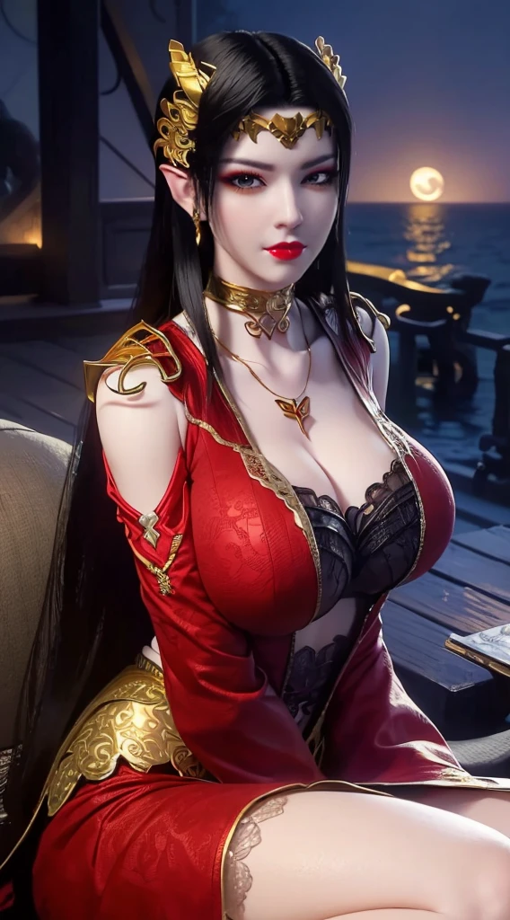 1 extremely beautiful queen, ((wears a red traditional Han costume with thin black patterns:1.6)), (((Patterns on clothes:1.6))), ((long black hair:1.6)), jewelry elaborately made from precious stones and beautiful hair, ((wearing a 24k gold lace necklace:1.4))), the noble, noble style of an extremely beautiful girl, her small face is super cute, her face is very pretty, thin eyebrows, flawless beautiful face, ((black eye pupils: 0.8)), very beautiful eyes, ((platinum blue eyes: 1.6)), (((eyes wide open:1.6))), nice makeup and hair detailed eyelashes, steamy eye makeup, high nose, earrings, red lips, ((closed mouth: 1.5)) beautiful lips, slim hands, most beautiful thighs, ((arms spread out to the sides: 1.5)), rosy face, clean face, flawless beautiful face, smooth white skin, (big breasts: 1.5)), ((high breasts: 1.6)), tight breasts, beautiful cleavage, (((big breasts and super round: 1.8))), ((super tight breasts: 1.7)) , beautiful breasts, perfect body, back arms, chest out, thin black mesh stockings with black lace trim, 8k photo, super high quality, super realistic, super 10x pixels, optical, bright studio, bright edges, dual-tone lighting, (high-detail skin:1.2), super 8k, soft lighting, high quality, volumetric lighting, photorealistic, photorealistic high resolution, lighting, best photo, 4k, 8k quality, blur effect, smooth sharp, 10 x pixel, ((sea and moonlight at night background:1.5)), aurora, lightning, super graphics realistic, most realistic graphics, 1 girl, alone, solo, Extremely sharp image, surreal, (((frontal portrait: 1)))."