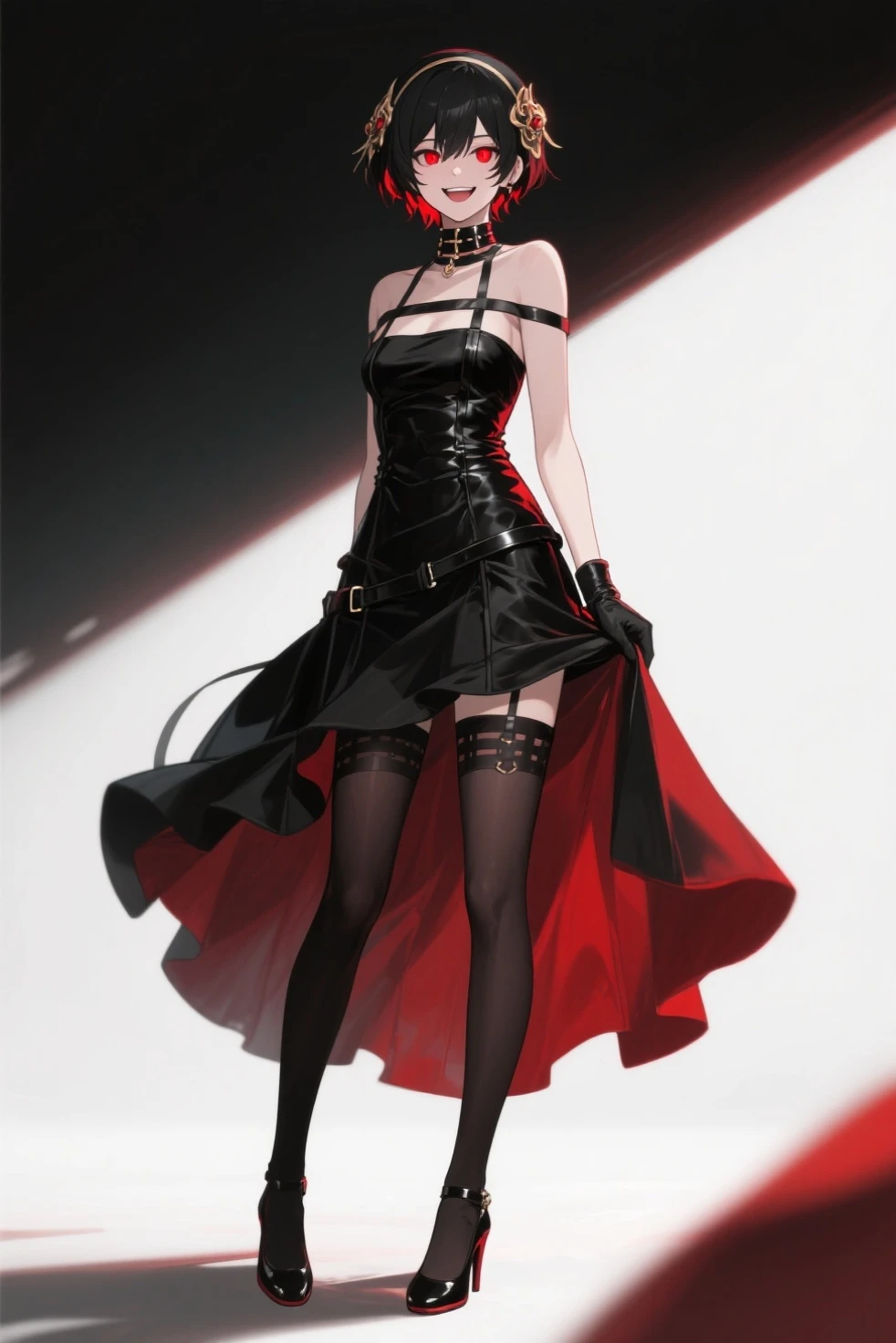 mavis dracula vampire cute girl, blue eyes ,short hair whit bangs, style bob, makeup gothic red lipstick, full body portrait drees black, black dress with sleeves, fitted to the body, thigh-high stockings with red stripes and red vans tennis shoes, Cinematic fantasy landscape, 3D, stunning environment,