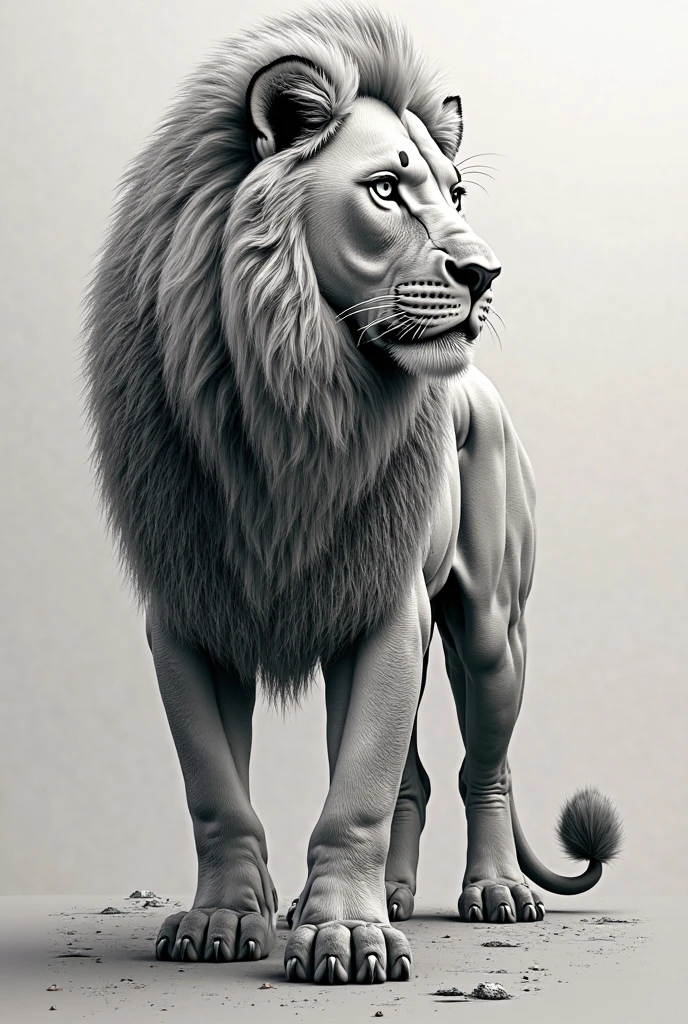 A lion standing in front of mirror like a man with full muscular body in black and white.