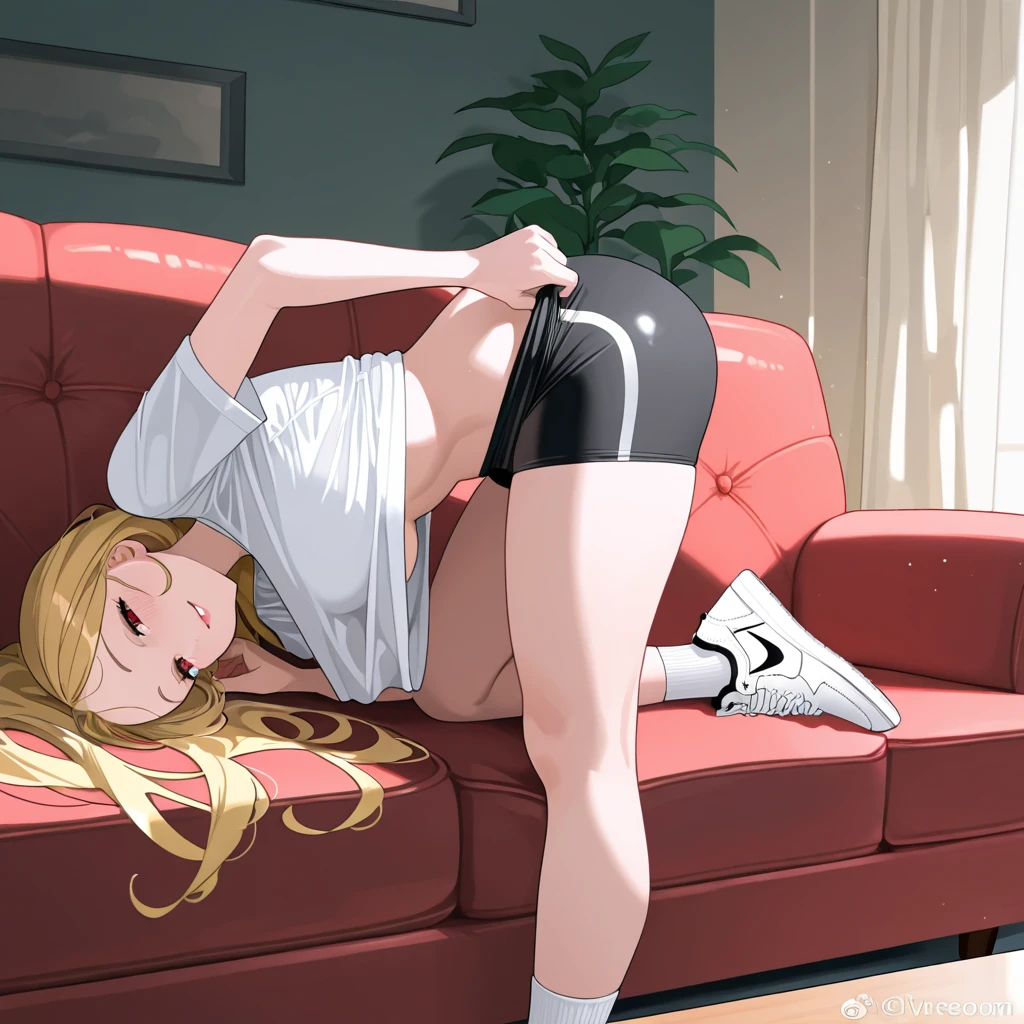 nsfw,superrealistic anime,masterpiece,ultra detailed,8k,white dress shirt,school cardigan,(short plaid pleated skirt),curvy body,curvy thighs,(tanned skin:1.1),(japanese gyaru),seductive cute face,silver panties,lying on carpet,knees up,painted toe-nails,at messy private room,left clothes on floor,wardrobe,desk,panties focus,medium hair,laughing,peace sign