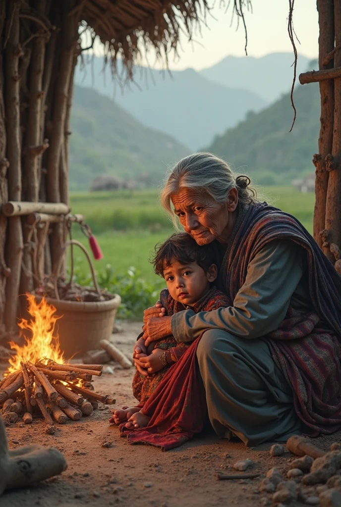 A great-grandmother with a face full of love, holding a crying child in her arms, protecting them while the house burns, sitting on the floor.