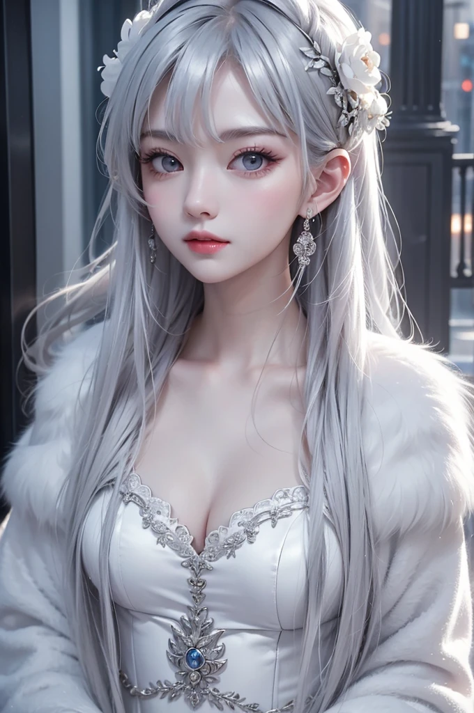 highest quality、masterpiece、(realistic:1.1), (((20-year-old, , mature face)))、super long straight hair、white hair color, bangs between the eyes、white skin、glowing skin、 princess dress, frontage、detailed face、so beautiful、Sparkling vivid purple eyes、(bright look:1.1)、 Winter Vivid and sharp focus, (((ginormous chest))),looking at the viewer, top-quality、超A high resolution、a red dress、large full breasts,