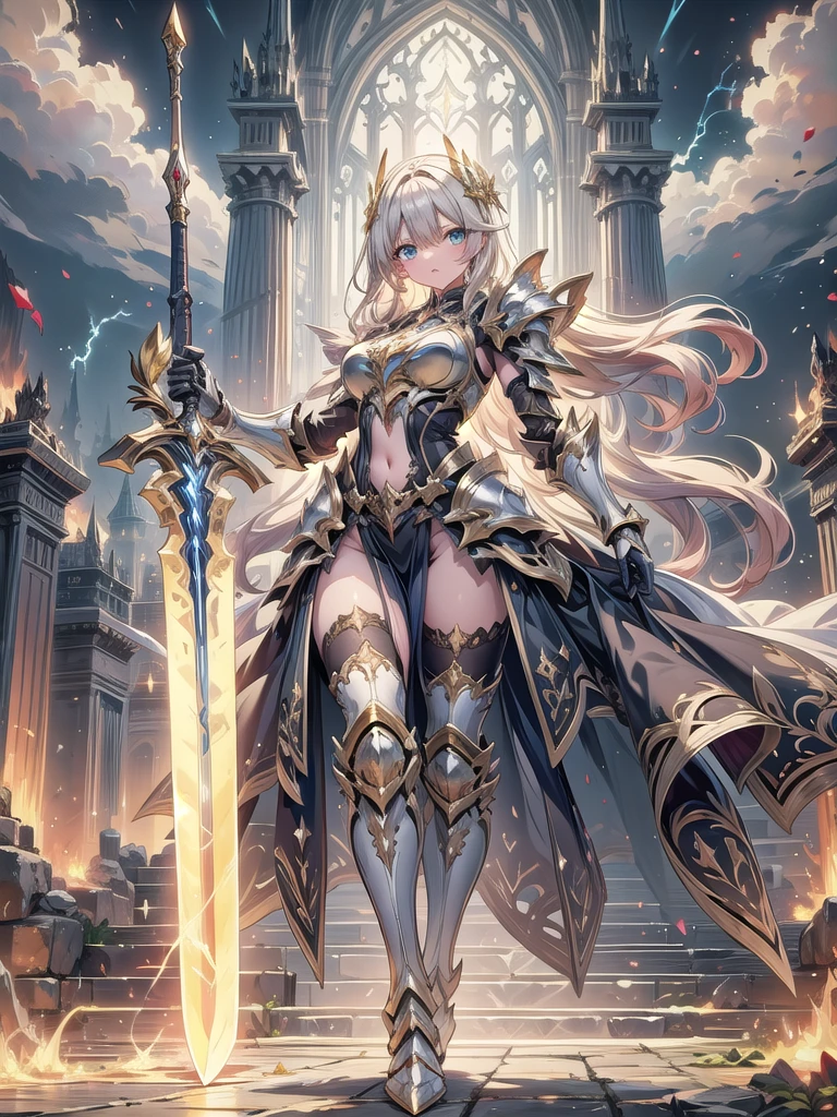 super realistic image, high quality uhd 8K, of (1 god girl, Hilyn), detailed realistic ((athletic body, high detailed)), ((tall model)), (skinny waist), ((beautiful bright blonde long hair)), ((no beard)), high detailed realistic skin, (((powerful and fantastic full armor, divine golden fantasy armor))), (((casting lightning magic spells with great golden fantasy sword))), ((white fur cape)), ((magical hearts of light)), (in guardian position, in the valhalla), real vivid colors, standing
