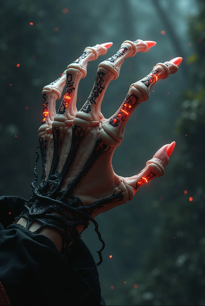 A decayed, skeletal hand emerges from the dirt in a dark, eerie cemetery. The hand pushes through the earth, with dirt and debris falling off its bony fingers, still covered in patches of decayed skin. The ground around the hand is cracked and disturbed, with roots and weeds tangled in the soil. The scene is lit by an ominous red glow emanating from a nearby pentagram, casting eerie shadows over the overgrown tombstones and broken graves. The stormy sky above is dark and heavy, with flashes of lightning illuminating the scene briefly. Everything is rendered in ultra-realistic detail, from the textures of the decayed hand to the gritty dirt and aged tombstones, making it appear lifelike and unsettling.