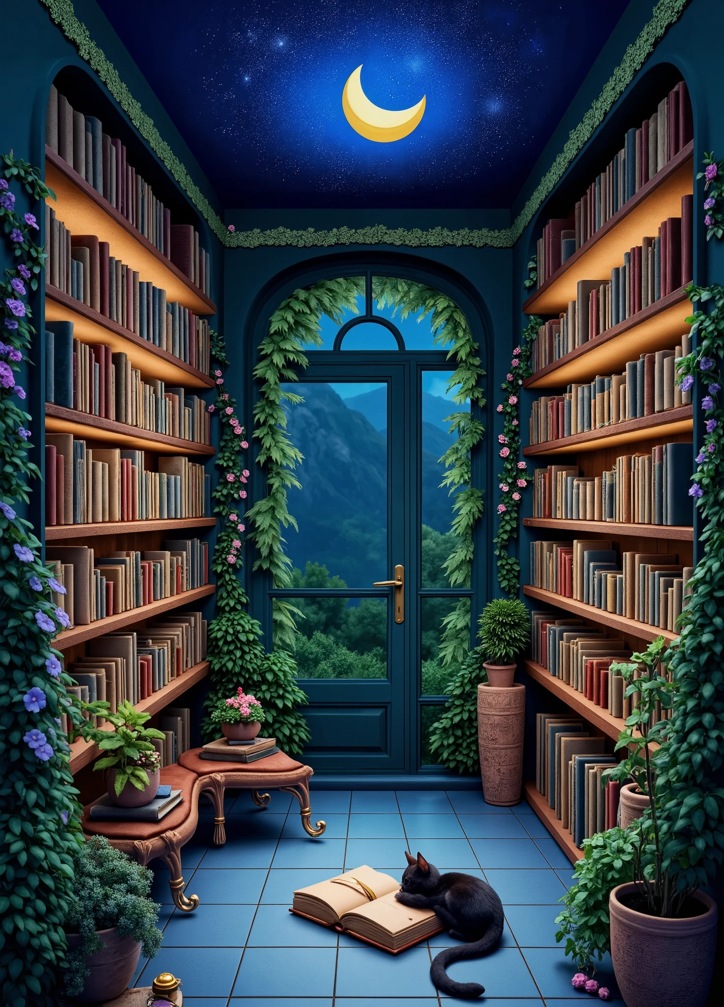 Adds an air of mystery and tranquility to the space, Magical Library. You can see the starry sky, well-worn books, There are lots of 、setting. A whimsical and enchanting eerie scene exudes a playful warmth to this cozy, rich, 緑richオアシス. Reminiscent of the works of, Large, It exudes charm and nostalgia, On the shelves are colorful. The folds of the illustrations spill over the shelves and onto the floorSucculents and flowering plants, A lovely book emitting a gentle light that complements the deep blues and greens adorning the walls and ceiling {x} Perfect for cozy evenings spent in. Through the glass doors, とLarge, The crescent moon shines brightly, Curious eyes lounge comfortably on the tiled floor. The atmosphere is cozy and serene , 緑richブドウの木から吊るされた丸い球根が部屋を優しく照らし、Inspires wonder and imagination.