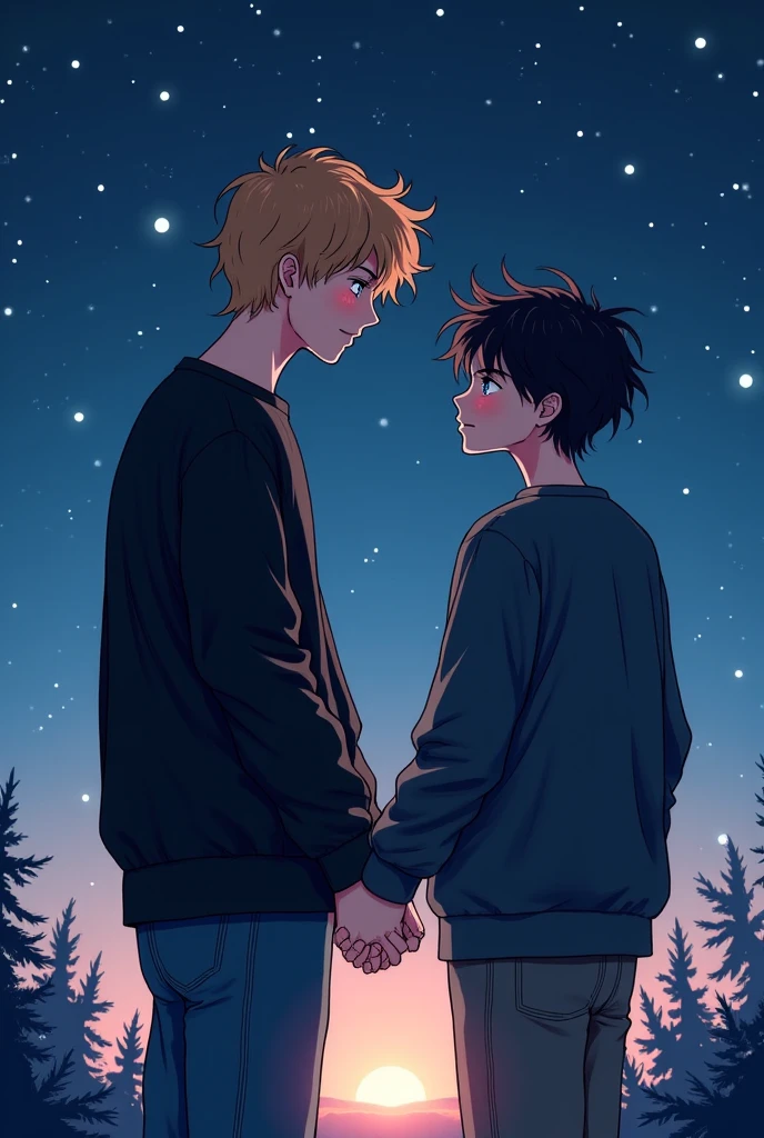 A very cute image of two boys kissing. One of the boys is a ghost, with bright translucent blue skin and white hair. The other boy is a human being. He is blond and has fair skin. They are both wearing urban style clothes and they are on a balcony at night. In the background you can see the city and a beautiful night. The two boys are kissing passionately. The image has to be in anime.