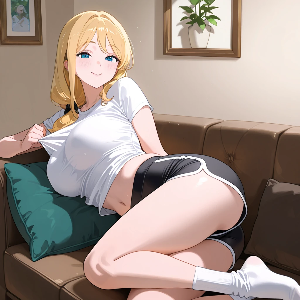 (highest quality:1.3), Blonde ponytail, Large Breasts, Tight camisole, Shorts, Sitting on the couch, Cleavage, (throw)、50 year old American woman