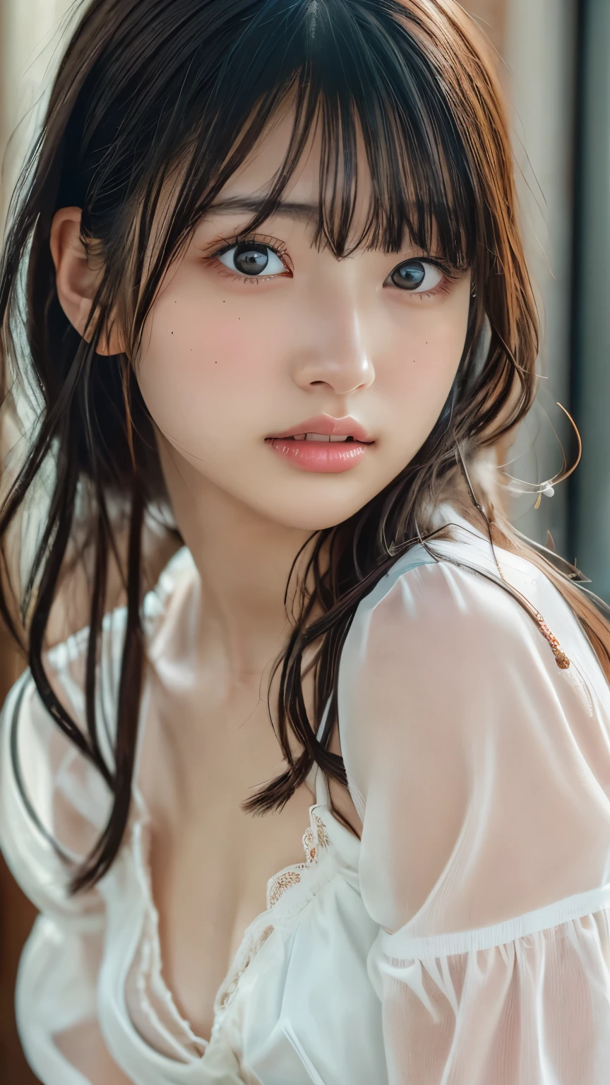 ((cleavage)), (masterpiece:1.3), (8k, photorealistic, RAW photos , best quality : 1.4), Japanese , ( one girl ), beautiful faces, ( Realistic Face), ( black hair), Beautiful hairstyle, Realistic eyes, beautiful eyes in every detail , (realistic skin), Beautiful skin, charming, super A high resolution, super realistic, very detailed on trends, Golden Ratio, blouse、sheer、 small 、 flat chest、mole