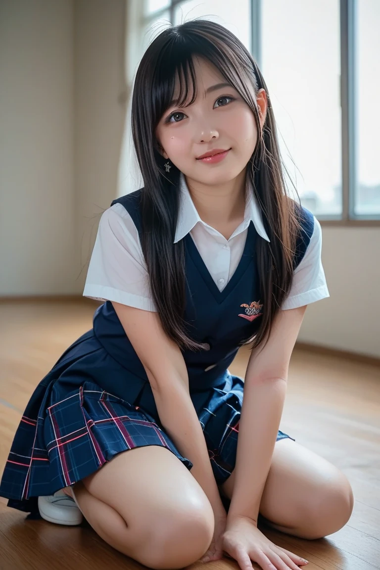 one person、one person、A 17-year-old high school girl poses for a photo in a short-sleeved white sailor uniform、victory、Twin tails、Tsundere、masterpiece、High-level image quality、Sharp focus）、Navy blue shirt、Red tie、Navy and red checked mini skirt、cute、Japanese women、17 years old、sexy、Laughter、(Perfect Anatomy、Delicate and beautiful hands and feet)、Blue Wall,Small breasts、Nogizaka Idol、Slender figure、sexy、I can see your thighs、Sitting in a chair、