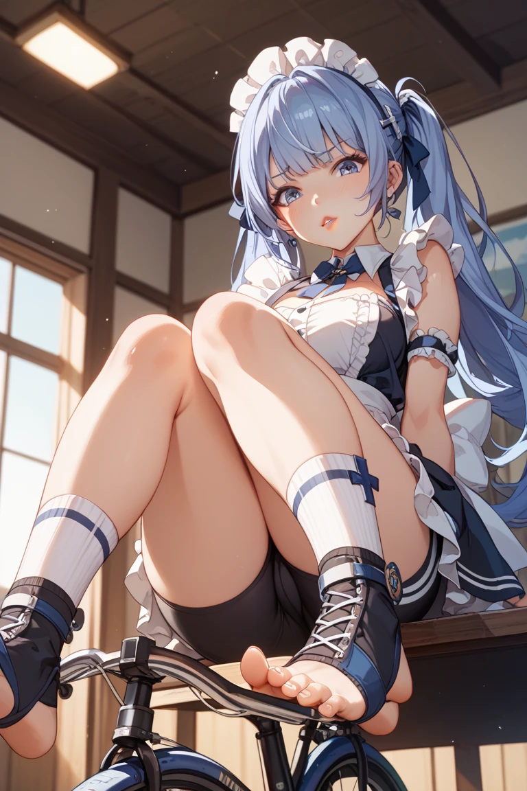 Masterpiece quality high resolution、Anna Tanaka , Long white hair, Sitting,Bend your knees、eight-headed body、Beautiful legs 、On campus、As if looking from below、Embarrassing