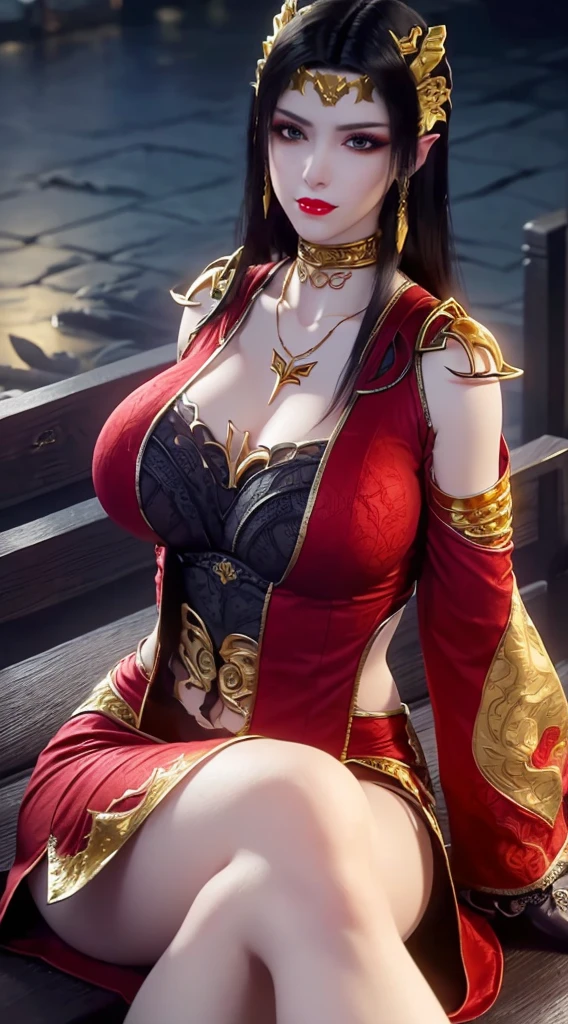 1 extremely beautiful queen, ((wearing traditional red hanfu with thin black patterns:1.6)), (((Patterns on clothes:1.6))), ((long black hair:1.6 )), elaborately crafted jewelry from precious stones and beautiful hair, (((wearing a 24k gold lace necklace:1.4))), noble, noble style of an extremely beautiful girl, Super cute little face, very pretty face, thin eyebrows, flawless beautiful face, ((black eye pupils: 0.8)), very beautiful eyes, ((platinum blue eyes: 1 ,6)), (((wide eyes: 1,6))), beautiful makeup and detailed hairdo, eyelashes, steamy eye makeup, high nose, earrings, red lips, ((closed mouth : 1.5)) beautiful lips, slim arms, most beautiful thighs, ((arms behind and spread out to the sides: 1.5)), ((bent sitting position with chest out toward the audience and arms behind :1.6)), rosy face, clean face, flawless beautiful face, smooth white skin, (( super big and round firm breasts: 1.8)), firm breasts, beautiful cleavage, beautiful breasts , perfect body, back arms, open chest, black sheer fishnet stockings with black lace trim, 8k photo, super high quality, super realistic, super 10 x pixel, optical, bright studio, bright edges, lighting two-tone, (high detail skin: 1.2), ultra 8k, soft light, high quality, volumetric light, optical, optical high resolution, light, best shot, quality 4k, 8k, blur effect, smooth sharpness, 10 x pixels, ((sea and moonlight in night background: 1.5)), aurora, lightning, hyper-realistic graphics, most realistic graphics, 1 girl, alone, solo, Extremely sharp, surreal image, (((frontal portrait: 1)))."