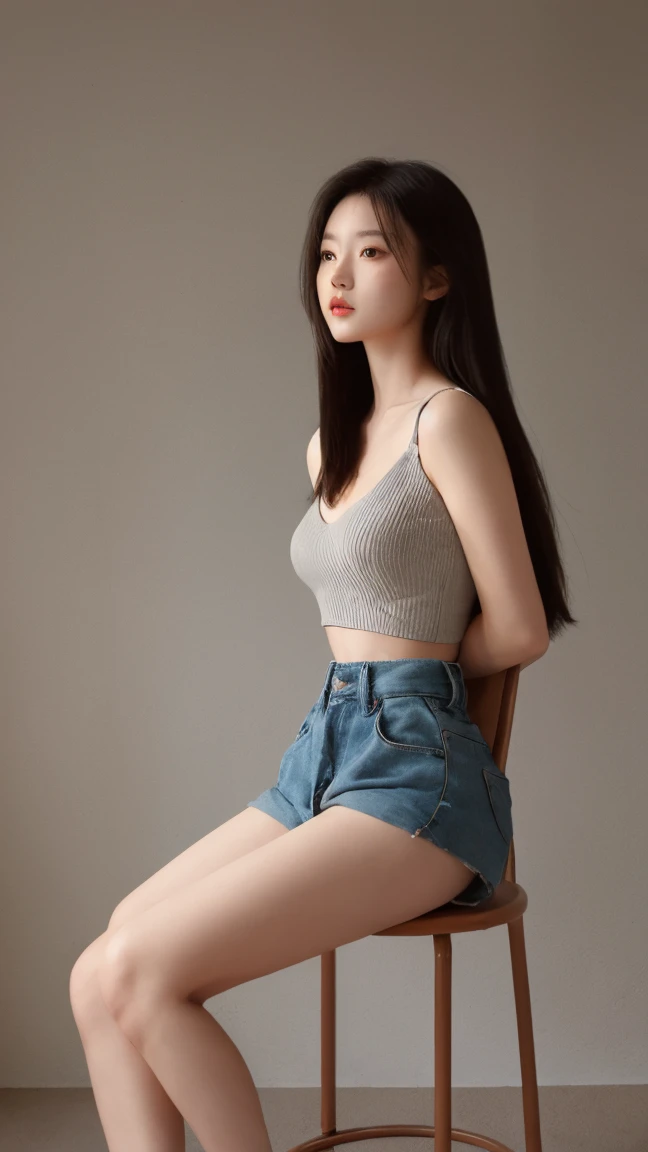 portrait of a beautiful south korean asian girl sitting, pretty face, super big breasts covered by delicate (loose) light blue sweater, beautiful long black straight hair, smooth, portrait, high resolution, 8k, painting, masterpiece, (W cup breast), gently tempt, mini panties, open legs and panties