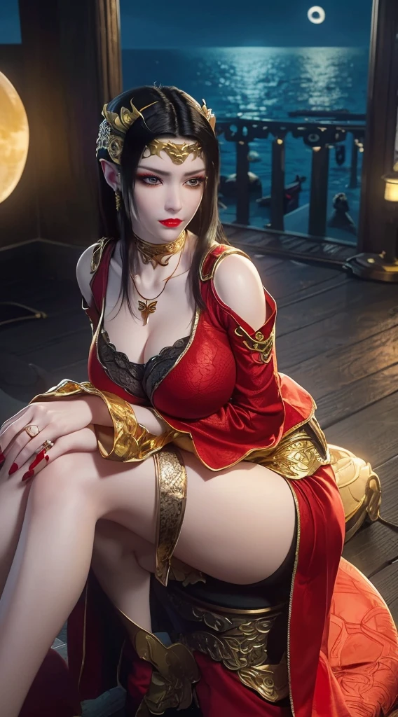 8K, UHD, MAsterpiece, best quality, 1 girl, (realistic face), happy pace, very long hair, hug breasts, decorated dress, very beautiful ornaments dress, red color, ((lace)), mesh dress, mesh cape flowing, sardine, loops, ((ornaments)), legendary night balcony, depth of field, cinematic lighting, chromatic aberration, motion blur, glowing light, god rays, ray tracing, reflection light, backlighting, sitting on the chair,
