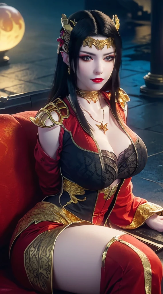 1 extremely beautiful queen, ((wearing traditional red hanfu with thin black patterns:1.6)), (((Patterns on clothes:1.6))), ((long black hair:1.6 )), elaborately crafted jewelry from precious stones and beautiful hair, (((wearing a 24k gold lace necklace:1.4))), noble, noble style of an extremely beautiful girl, very pretty face, thin eyebrows, flawless beautiful face, ((black eye pupils: 0.8)), very beautiful eyes, ((platinum blue eyes: 1 ,6)), (((wide eyes: 1,6))), beautiful makeup and detailed hairdo, eyelashes, steamy eye makeup, high nose, earrings, red lips, ((closed mouth : 1.5)) beautiful lips, slim arms, most beautiful thighs, ((arms behind and spread out to the sides: 1.5)), ((bent sitting position with chest out toward the audience and arms behind :1.6)), rosy face, clean face, flawless beautiful face, smooth white skin, (( super big and round firm breasts: 1.8)), firm breasts, beautiful cleavage, beautiful breasts , perfect body, back arms, open chest, black sheer fishnet stockings with black lace trim, 8k photo, super high quality, super realistic, super 10 x pixel, optical, bright studio, bright edges, lighting two-tone, (high detail skin: 1.2), ultra 8k, soft light, high quality, volumetric light, optical, optical high resolution, light, best shot, quality 4k, 8k, blur effect, smooth sharpness, 10 x pixels, ((sea and moonlight in night background: 1.5)), aurora, lightning, hyper-realistic graphics, most realistic graphics, 1 girl, alone, solo, Extremely sharp, surreal image, (((frontal portrait: 1)))."