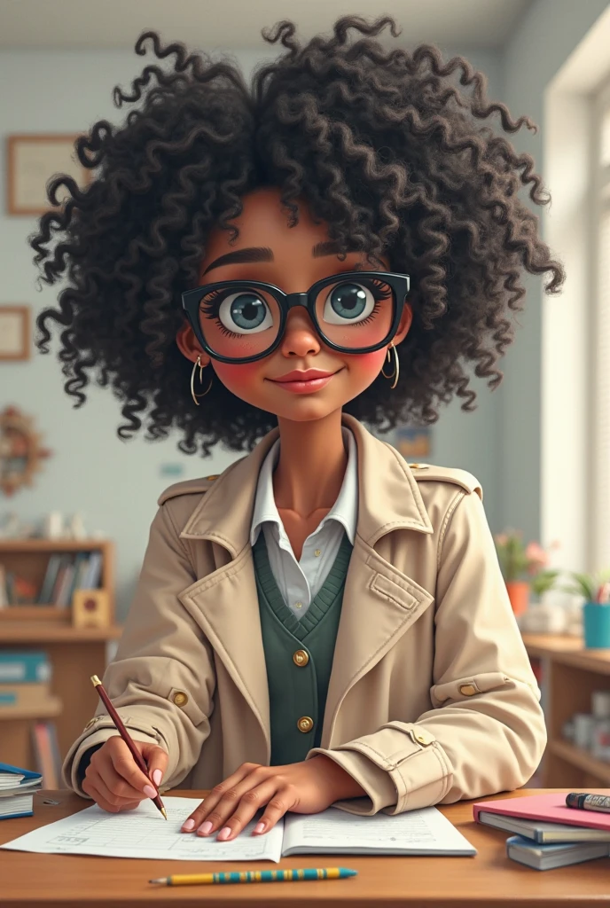 Drawing of young lady with curly hair, tez clara y gafas, leyendo un libro.