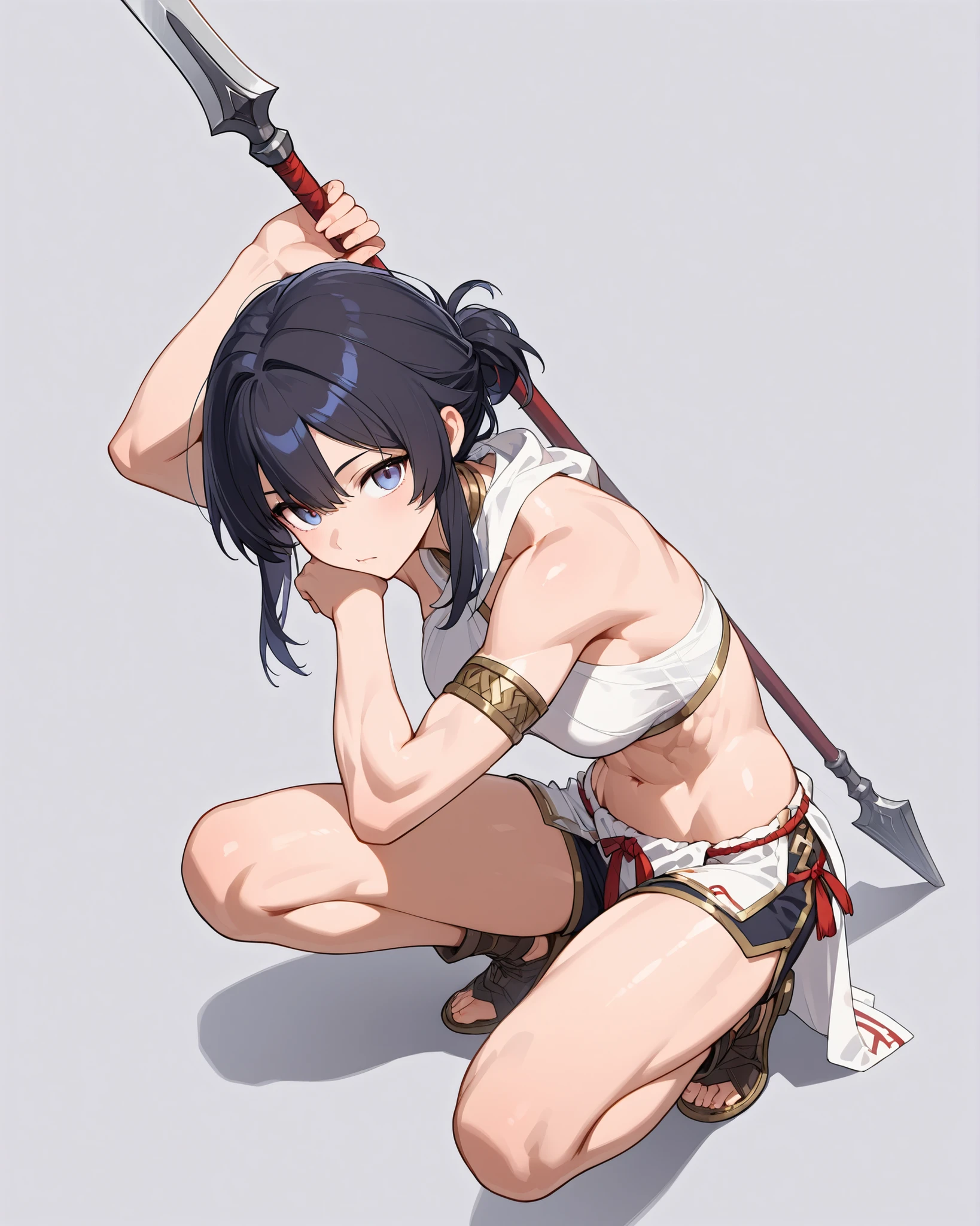 High Definition、great detail、simple background、Full Body、spear、Cloth clothing、toned body、shorts、squats alone、looking from above