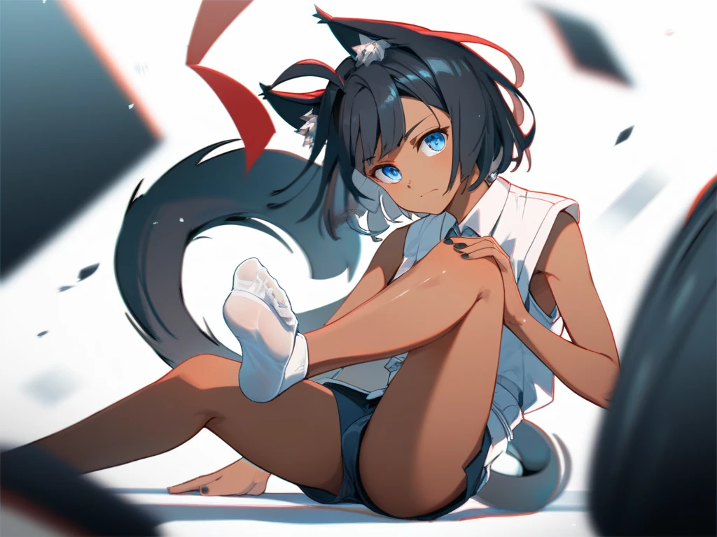 <lora:shilstone_artsls_v2:1.0>, (shilstone_arts:1.0), picture, drawing, painting, 1girl, animal ears, anklet, ass, barefoot, black hair, blush, cat ears, cat tail, detached sleeves, hug, ishtar \(fate\), jewelry, long hair, pillow, red eyes, red nails, solo, tail, top-down bottom-up