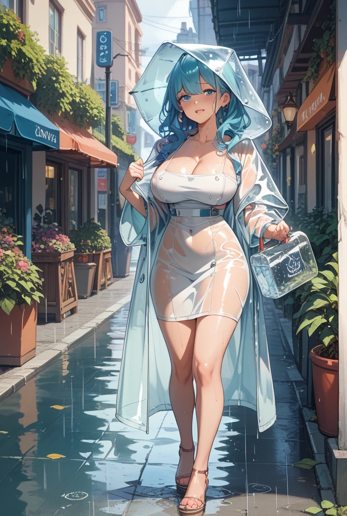 A woman is walking , de calcinha , com chuva , toda molhada