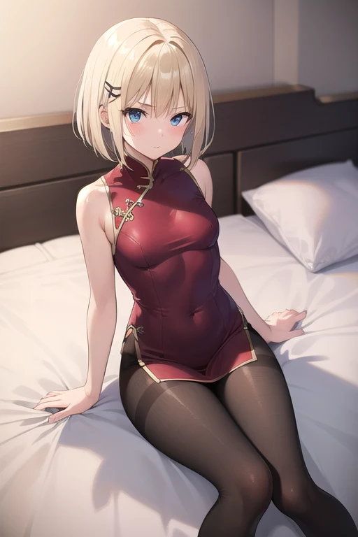 masterpiece, ultra high quality CG, best quality, perfect picture, solo, lidia sobieska (tekken, blonde hair with high ponytail, blue eyes, red hairbow, strong), wearing a sexy karate outfit, lying on the bed showing the perfect little feet, blushing, shoulders on display, in a European mansion,