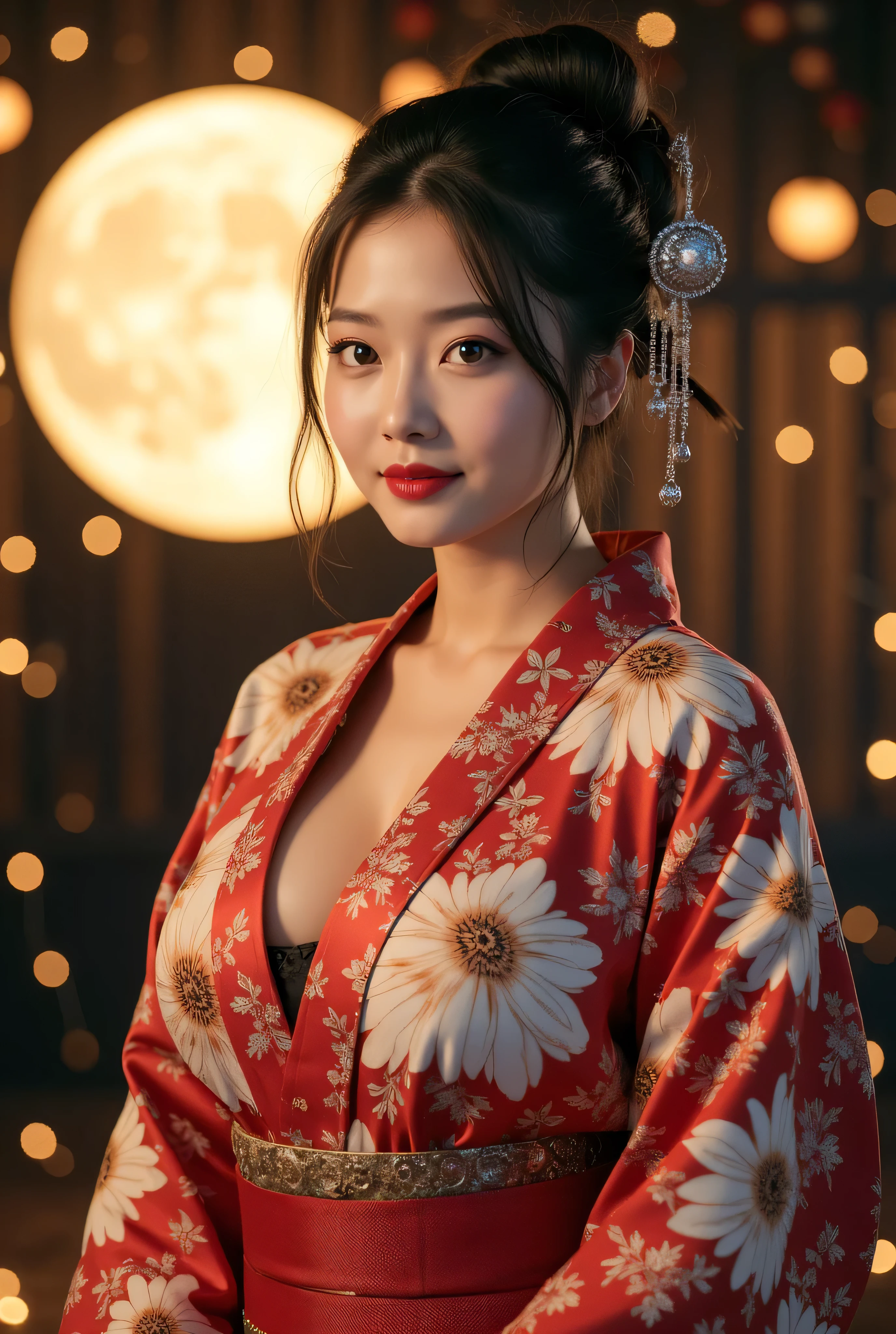 ultra-realistic, 8k, very detailed 、realistic画像生成、photoshoot、full body photo、Fine-grained eyebrow and eyelash generation、Japanese women、Fine skin is shiny々、 tight waist 、Thin anklesです 、realistic、Midnight Moon 、big full moon with full background、Moonlight、A lot of gold dust falls 、Please randomly generate colors with fine floral patterns、 sexy、The color of the kimono with a fine floral pattern is random、band is a random color and a silver gradation color、 hairpin with a diamond、 hairstyle is upstyled、 smiling face with visible teeth、 plump and soft breasts 、realistic、Thin ankles、彼女は smiling face with visible teethです、 smiling face with visible teeth、red lipstick、 no makeup other than lipstick 、Generated with the correct exponent ! No Animation Needed ! No illustration required