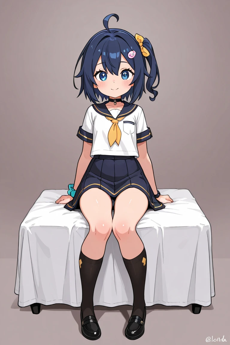 masterpiece, best quality, highres, aapela, long hair, hat, black headwear, hair ornament, glasses, elbow gloves, black gloves, black pantyhose, full body, (((((flat chest))))), shy, blush, vagina, pubic hair, armpit, armpit focus, hide hands, hands behind head, steam, steamy, nude, naked, legs spread, laying down, pussy, spreading her legs