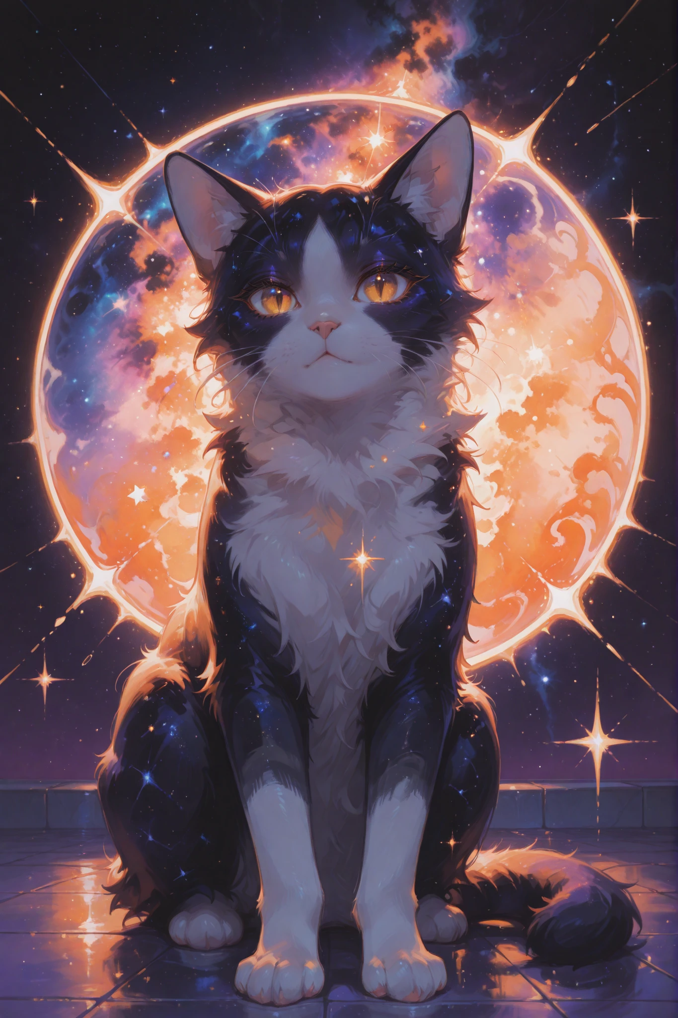 masterpiece, Top quality, Amazing Quality, minis majestic cat, similar to a nebula, is staring quietly from inside a cosmic tapestry。. fur, similar to a nebula, has a deep blue color and、, blend seamlessly into the surrounding expanse of the sky。, bright star spots are scattered on the fur、, creates a mystical appearance、. bright orange and purple hues swirl around the cat、, A, bright stars shine above their heads。, and emits soft light . cat eyes are impressive gold。, reflects mystical intelligence and serenity、. beards are drawn with delicate and clear details, and、, x} It emphasizes the artistry of this celestial encounter。. The background is vast, Starry sky, suggests infinity and mystery。, creates a dreamy atmosphere、. the fusion of cat elegance and space phenomena、suggests the theme of loneliness。, Mysterism , and, captures the viewer's imagination with its enchanting beauty、.tiles, very elaborate,