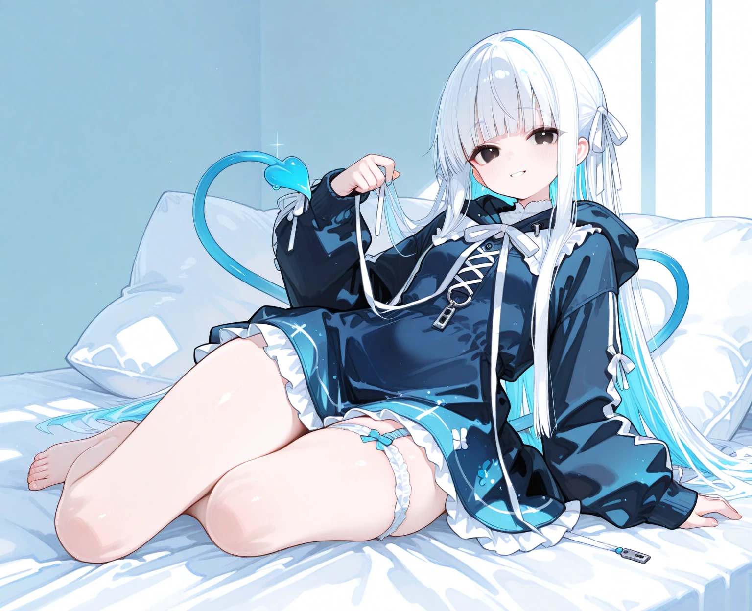 White silk, double ponytail, white hair, 9 years old loli, cute, petite, tender feet raised to face me