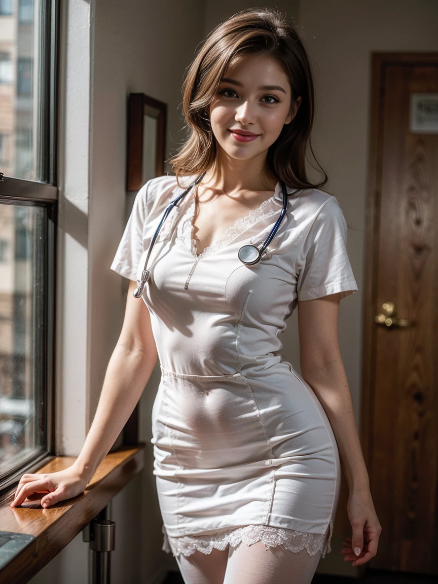 a beautiful russian nurse standing in a hospital corridor, close up, blurred background, perfect face, plump lips, photorealistic, (best quality,4k,8k,highres,masterpiece:1.2),ultra-detailed,(realistic,photorealistic,photo-realistic:1.37),portrait,warm lighting,detailed skin texture,delicate facial features,elegant expression,medical uniform
