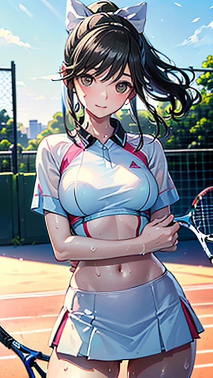 1girll,tennis player,s the perfect face,crisp breasts, Convex buttocks,White sports short sleeves,Short white pleated skirt,White lace panties,White sport socks,White tennis shoes,Wet hair,High ponytail,body soaking wet,Swing the paddle,tennis court,Sunnyday,Clouds, Detailed background, Clothing details, perfectly proportioned, filmgrain, Fuji colors, lightand shade contrast, tmasterpiece, high detal, high qulity, A high resolution, Cinematic lighting, 8K, Textured skin, Super detail