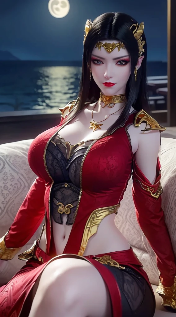 1 extremely beautiful queen, ((wearing traditional red hanfu with thin black patterns:1.6)), (((Patterns on clothes:1.6))), ((long black hair:1.6 )), elaborately crafted jewelry from precious stones and beautiful hair, (((wearing a 24k gold lace necklace:1.4))), noble, noble style of an extremely beautiful girl, Super cute little face, very pretty face, thin eyebrows, flawless beautiful face, ((black eye pupils: 0.8)), very beautiful eyes, ((platinum blue eyes: 1 ,6)), (((wide eyes: 1.6))), beautiful and detailed makeup, wet eye makeup eyelashes, high nose, earrings, red lips, ((closed mouth: 1.5) ) beautiful lips, slim arms, most beautiful thighs, ((arms behind and spread out to the sides: 1.5)), ((bent sitting position with chest out toward the audience and arms behind: 1.6) ), rosy face, clean face, flawless beautiful face, smooth white skin, (( super big and round firm breasts: 1.8)), firm breasts, beautiful cleavage, beautiful breasts, body perfect and proportioned, back arms, open chest, black sheer stockings with black lace trim, 8k photo, super high quality, hyper realistic, super 10 x pixel, optical, bright studio, bright edges, lighting two-tone, (high detail skin: 1.2), ultra 8k, soft light, high quality, volumetric light, optical, optical high resolution, light, best shot, quality 4k, 8k, smooth sharpness, 10 x pixels, ((sea and moonlight at night background: 1.5)), surreal graphics, most realistic graphics, 1 girl, alone, solo, extreme visuals sharp, surreal, (((frontal portrait: 1)))."