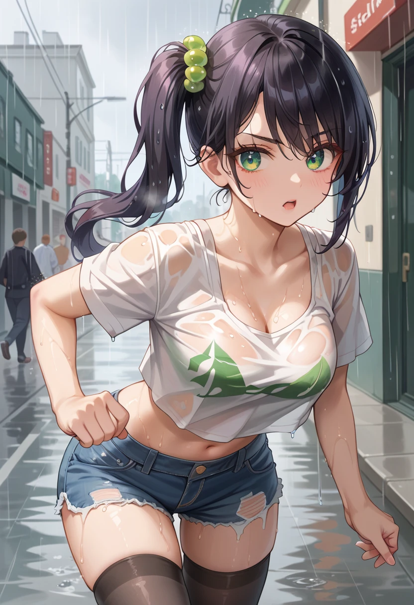 A female tramp is squatting, Wearing a shabby T-shirt, Wearing white underwear, emphasize her cleavage, sweating, And blush.